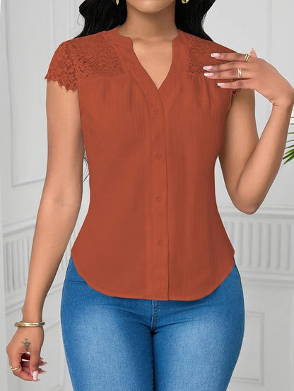 Women's Elegant Lace Patchwork Blouse – V-Neck Striped Semi-Sheer Woven Top for Summer, Casual & Weekend Wear