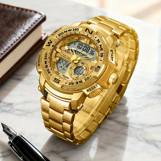 Montre de sport pour homme à double affichage – Grand cadran, veilleuse LED, étanche 3 ATM, chronographe, alarme et calendrier, montre de terrain dorée et argentée