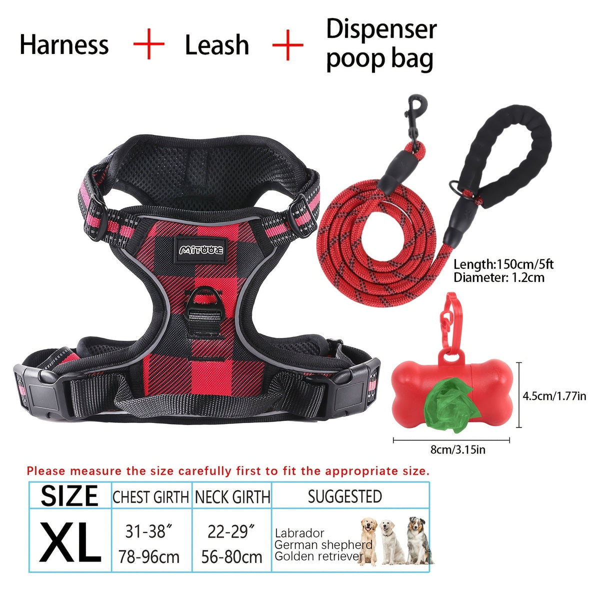 Ensemble harnais et laisse pour chien 4 pièces, gilet réfléchissant en Oxford anti-traction et anti-étranglement avec laisse, distributeur de sacs à déjections et poignée de contrôle facile, pour chiens moyens et grands, dressage et promenade en extérieur