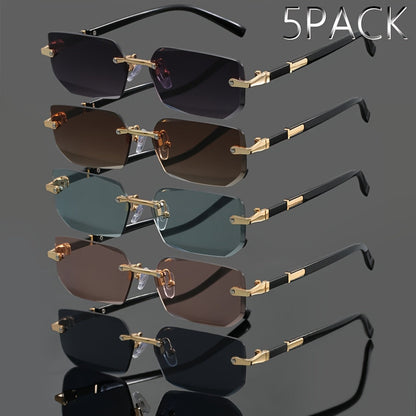 Lot de 5 paires de lunettes de soleil en métal sans monture pour hommes et femmes – Lunettes légères et tendance, styles assortis, protection UV pour fêtes estivales, style urbain et cadeaux de vacances
