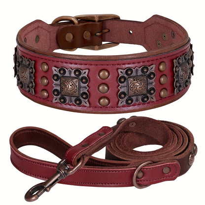 Heavy Duty Studded Leather Dog Collar for Medium and Large Dogs - Durable Real Leather with Metal Studs, Adjustable L XL XXL, 8 Colors, Strong Dog Collar for Large Breed Training Walking