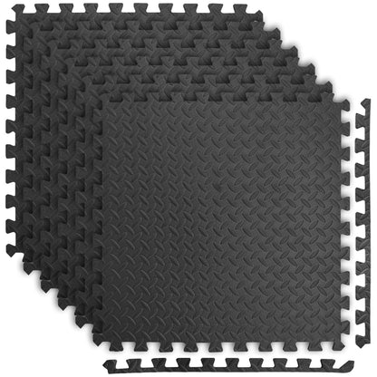 Tapis de sol emboîtable en mousse EVA pour exercice, 2,2 m² (24 pi²), 6 dalles de 61 x 61 x 1,3 cm pour salle de sport, garage, maison, bureau, yoga, gymnastique, Pilates, noir