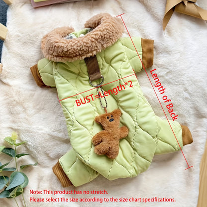 Pet Bodysuit Warm Onesie with Teddy Bear Pendant - Thickened Cat Dog Winter Jumpsuit, Snap Button Easy-On Design, Leash Loop Attached, Indoor Warm Pet Clothes for Cats & Small Dogs