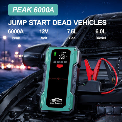 Démarreur portable 6000 A/9000 A avec compresseur d'air 150 PSI – Boîtier de démarrage 7-en-1 avec gonfleur de pneus numérique et batterie externe pour moteurs à essence (10 L) et diesel (9,0 L), démarreur de voiture avec ports USB