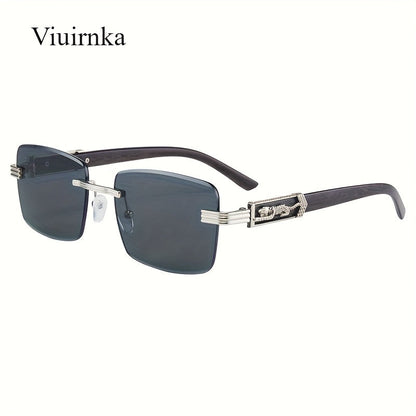 Lunettes de soleil rectangulaires vintage sans monture pour hommes et femmes – Lunettes tendance avec branches léopard et protection UV, 7 couleurs de verres, lunettes unisexes stylées pour l'extérieur, la conduite, les voyages, les fêtes et le quotidien