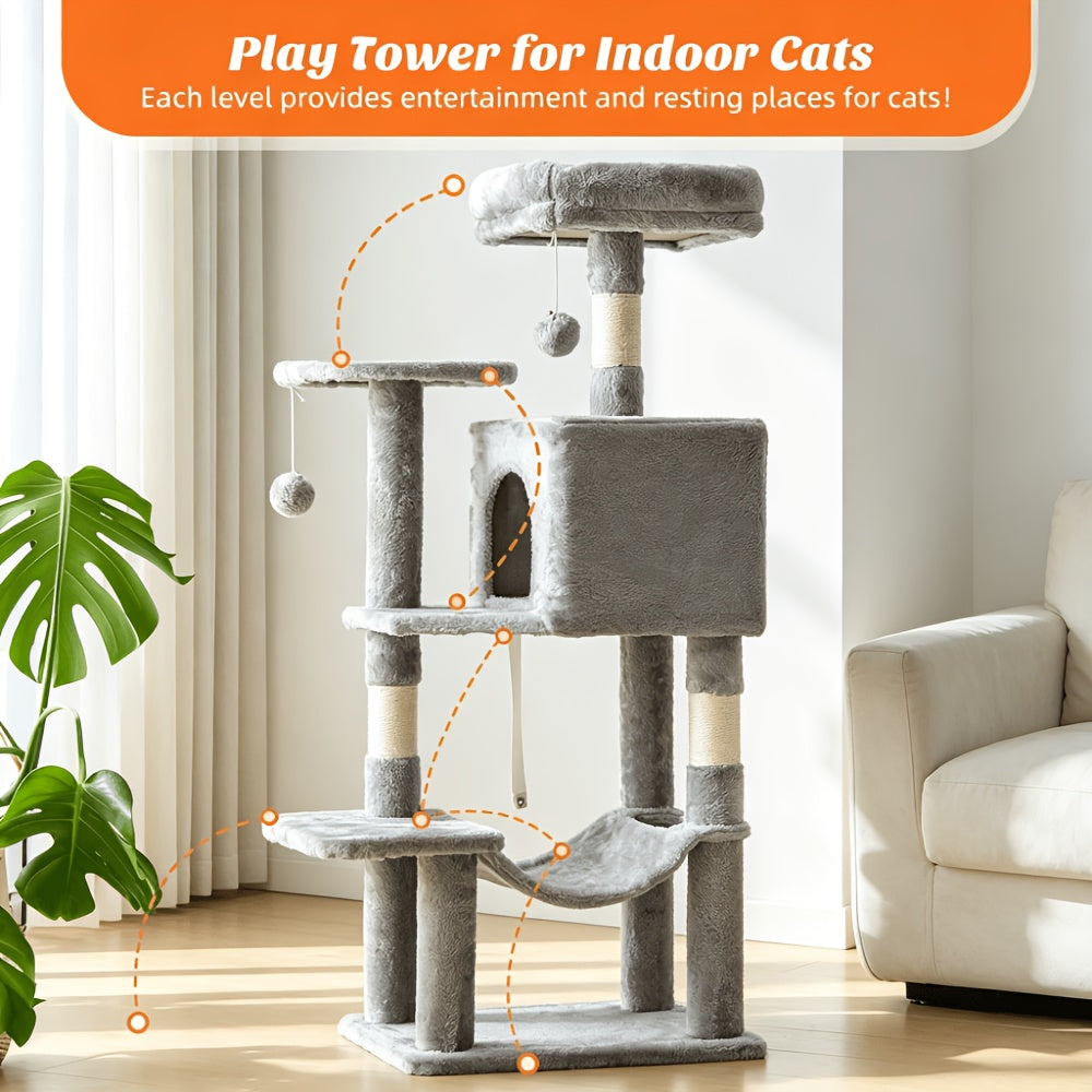 Arbre à chat de 112 cm avec poteaux à griffer en sisal naturel, grand hamac et niche fermée - Structure d'escalade multi-niveaux pour grands chats et foyers multi-chats, mobilier moderne pour animaux de compagnie