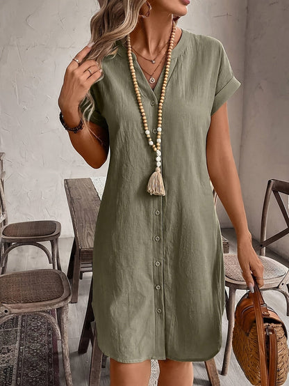 Robe chemisier décontractée à col en V pour femme, coupe ample et boutonnée – Élégante robe d'été unie disponible en 9 couleurs pour le quotidien et les vacances