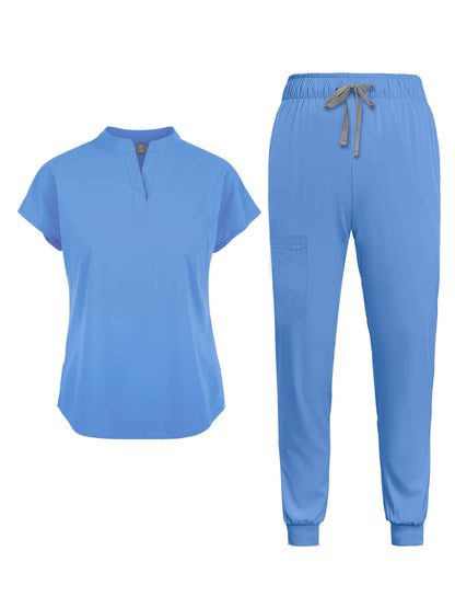 Ensemble de tenue médicale pour femme avec poches - Tunique à manches courtes et pantalon, uniforme médical uni à col officier, tenue de travail toutes saisons pour infirmières et professionnels dentaires S M L XL