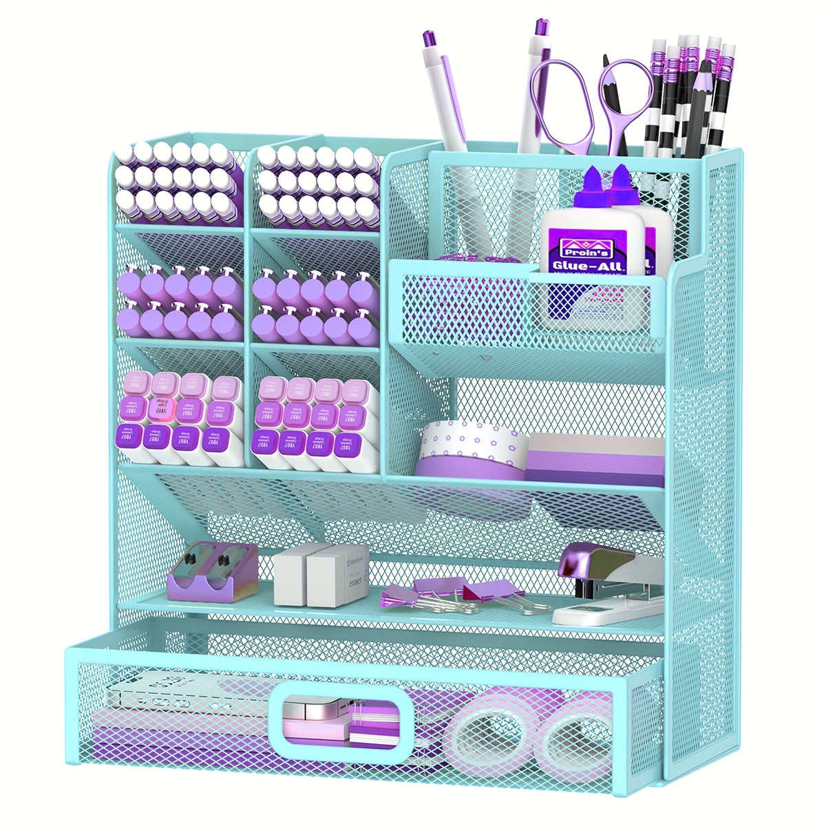 Organisateur de bureau en maille avec tiroir et porte-stylo – Rangement pour crayons pour bureau, école et atelier d'art, design en maille respirante, disponible en noir, jaune et bleu