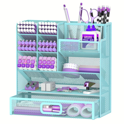 Organisateur de bureau en maille avec tiroir et porte-stylo – Rangement pour crayons pour bureau, école et atelier d'art, design en maille respirante, disponible en noir, jaune et bleu