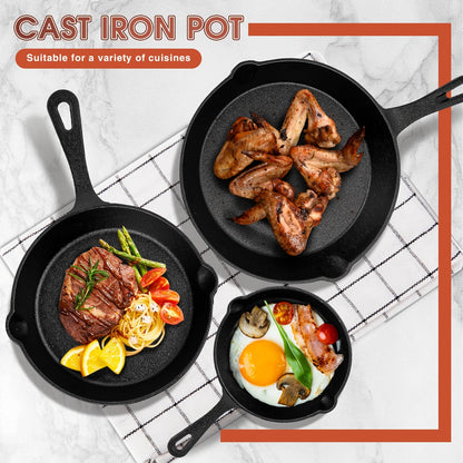 Ensemble de 3 poêles en fonte avec bec verseur – Batterie de cuisine robuste antiadhésive pré-culottée pour les repas de fêtes, le camping en VR, les repas au feu de camp, compatible four et plaque de cuisson, cadeau de cuisine
