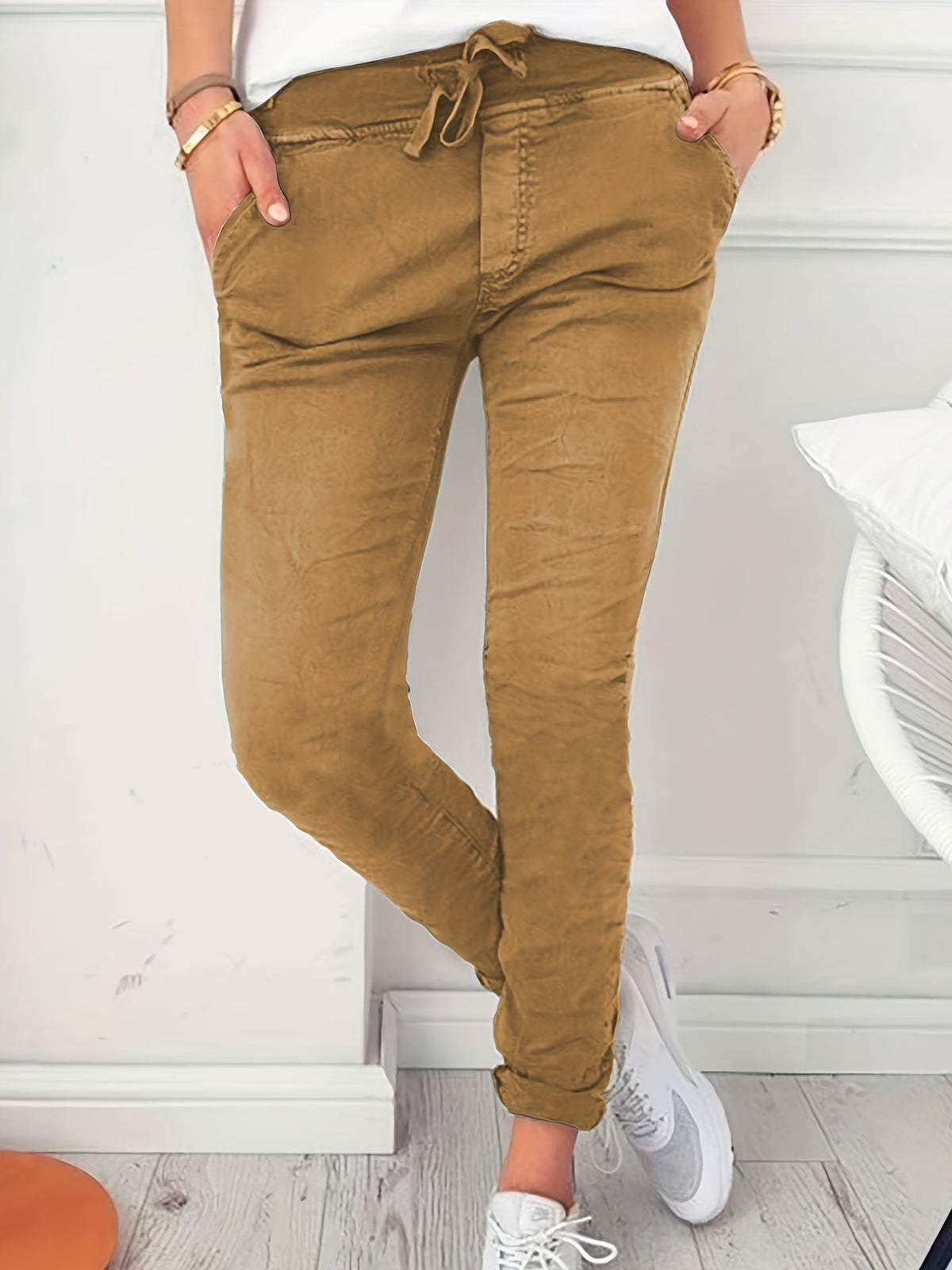 Pantalon slim pour femme, taille élastique à cordon, coupe ajustée, longueur longue, pantalon décontracté, noir, bleu marine, abricot, vert olive, S M L XL XXL, printemps automne