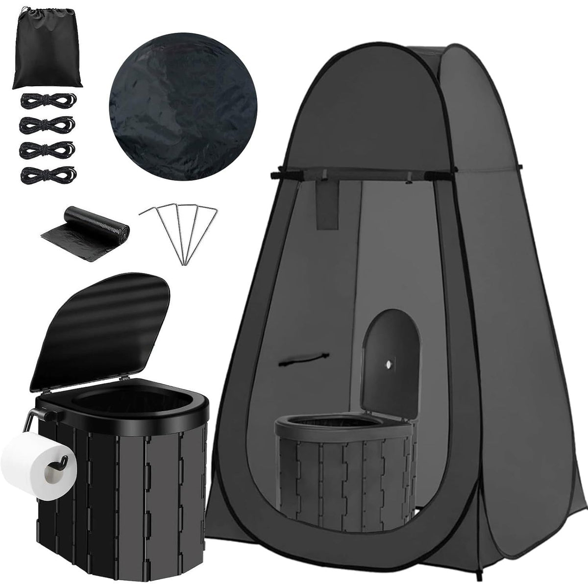 Toilettes de camping portables et tente d'intimité – Tente WC escamotable pour adultes avec 12 sacs, piquets de sol, cordes coupe-vent et tapis isolant, toilettes pliables pour le camping, les voyages et la randonnée