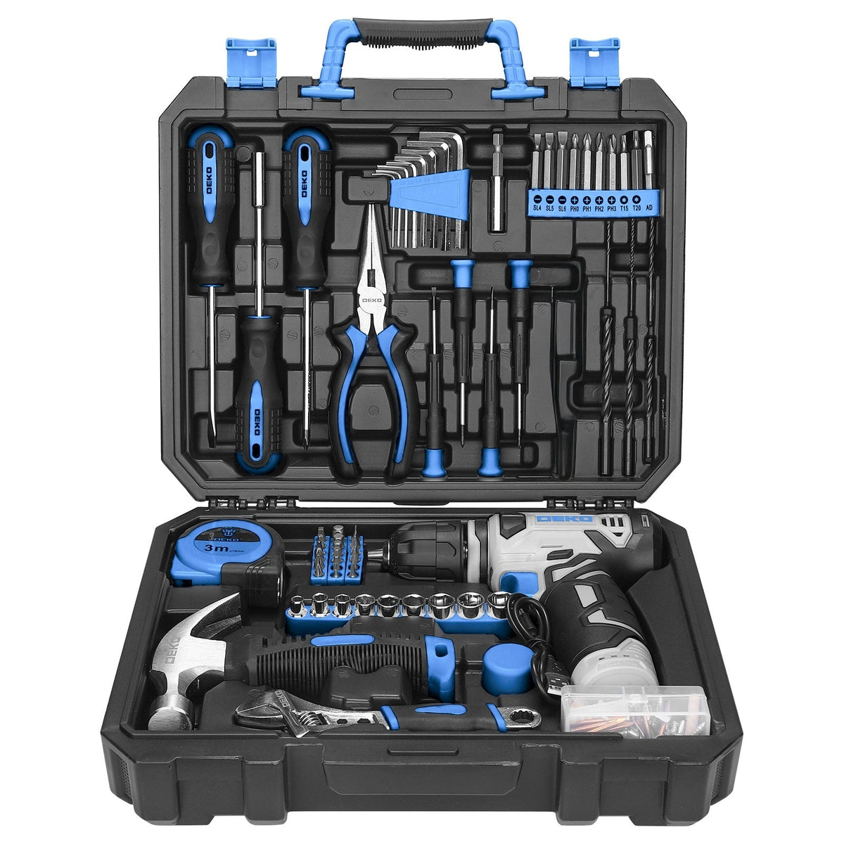 Ensemble d'outils avec perceuse sans fil 119/151 pièces, 8V rechargeable USB-C avec LED – Kit de réparation domestique tout-en-un léger pour femmes, bricolage, jardinage et montage de meubles, 6 couleurs, idée cadeau idéale