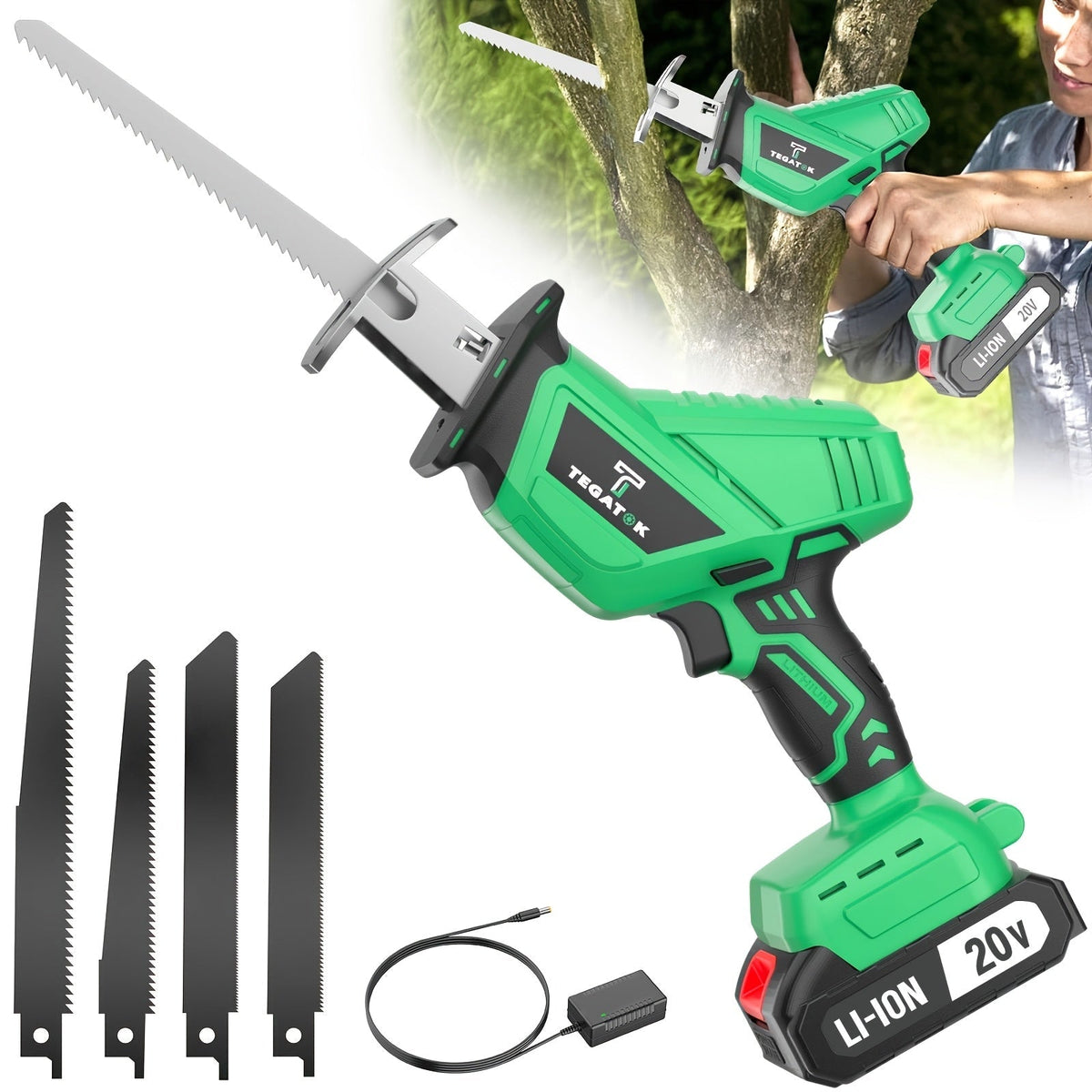 Scie alternative sans fil avec éclairage LED et verrouillage de sécurité | Scie électrique polyvalente, lames remplaçables, boîte à outils incluse – Options 1 ou 2 batteries, jaune/vert/rouge