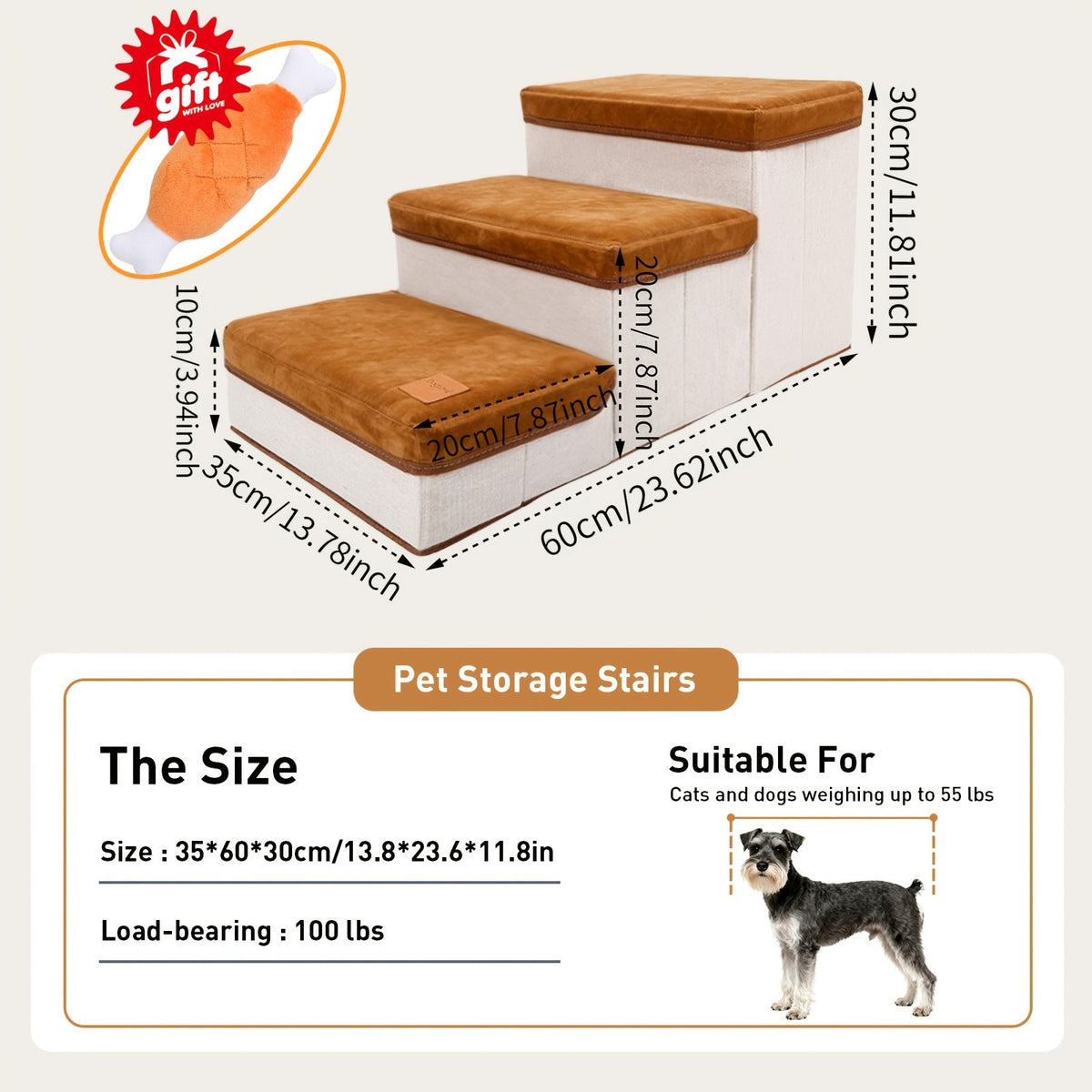 Escalier pliable pour petits chiens à 3 marches – Rampe pour animaux en nylon antidérapant pour lits et canapés surélevés, design pliable compact, marron et blanc, inclut une peluche en forme de patte de poulet en bonus