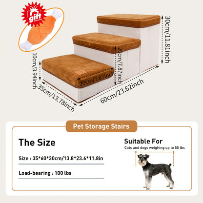 Escalier pliable pour petits chiens à 3 marches – Rampe pour animaux en nylon antidérapant pour lits et canapés surélevés, design pliable compact, marron et blanc, inclut une peluche en forme de patte de poulet en bonus