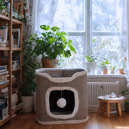 Arbre à chat pliable à plusieurs niveaux pour chats d'intérieur - Maison pour chat résistante aux griffures avec couchage douillet, cachette et balles à grelots, meuble pour chat de 1 à 3 étages pour grimper, jouer et se reposer