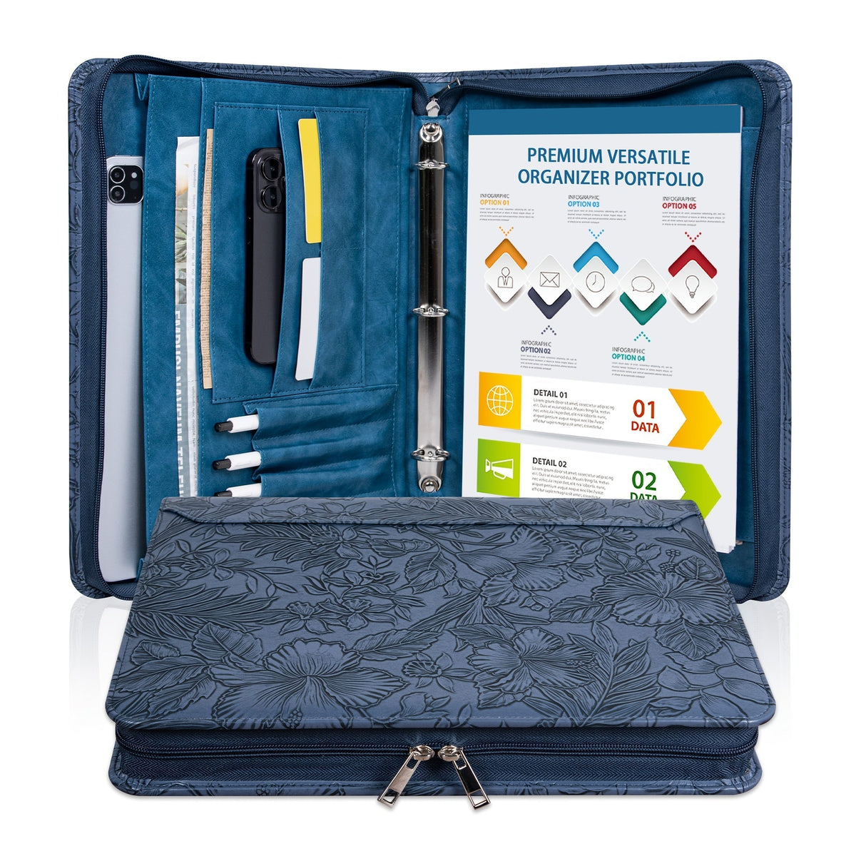Classeur à anneaux avec fermeture éclair en cuir vegan, format A4, avec pochette pour ordinateur portable, organisateur de travail pour femmes et hommes