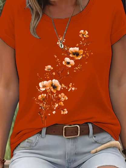 T-shirt pour femme à motif floral aquarelle – Haut décontracté élégant à col rond et manches courtes pour le printemps et l'été