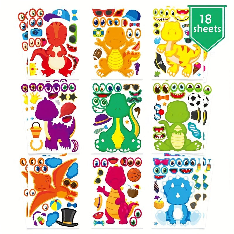 18 feuilles d'autocollants « Crée ton dinosaure » pour enfants – Feuilles d'activités créatives DIY, fournitures et cadeaux amusants pour fête d'anniversaire sur le thème des dinosaures, remplissage de pochettes-surprises pour garçons et filles