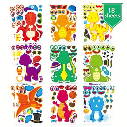 18 feuilles d'autocollants « Crée ton dinosaure » pour enfants – Feuilles d'activités créatives DIY, fournitures et cadeaux amusants pour fête d'anniversaire sur le thème des dinosaures, remplissage de pochettes-surprises pour garçons et filles