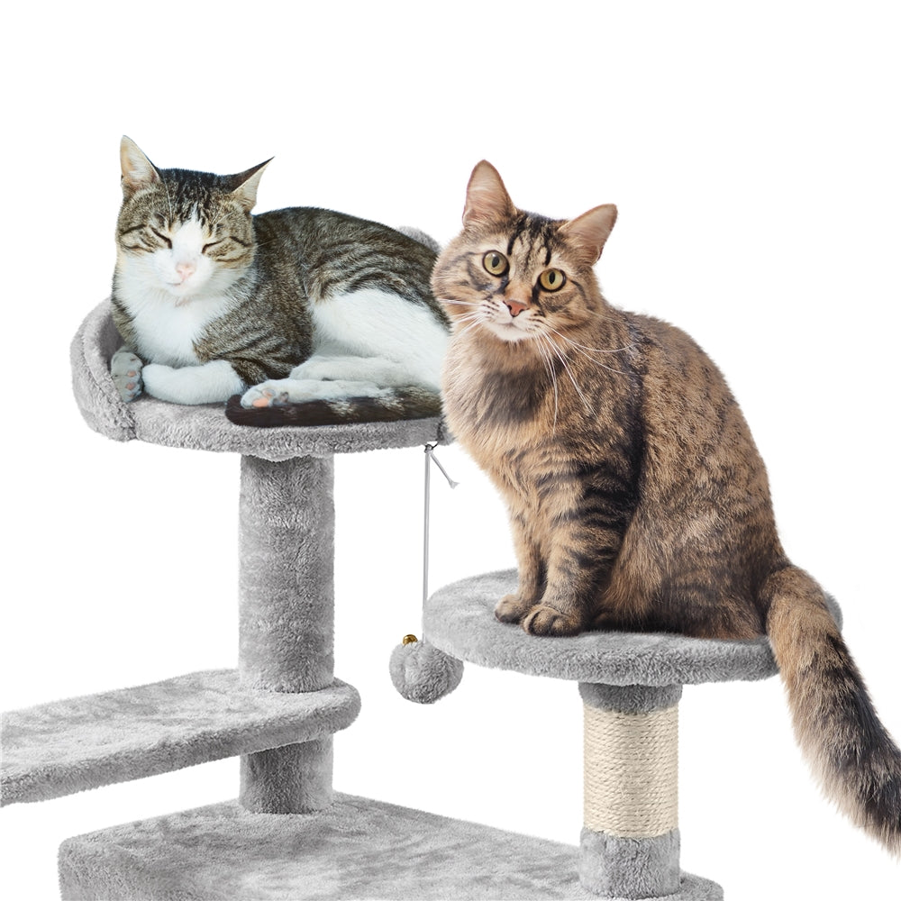 Arbre à chat multiniveaux de 145 cm avec 2 niches – poteaux à griffer en sisal, balle suspendue, plateforme ronde et échelle pour chatons et petits chats d'intérieur, 6 couleurs, cadeau de Noël pour les amoureux des chats