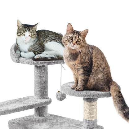 Arbre à chat multiniveaux de 145 cm avec 2 niches – poteaux à griffer en sisal, balle suspendue, plateforme ronde et échelle pour chatons et petits chats d'intérieur, 6 couleurs, cadeau de Noël pour les amoureux des chats