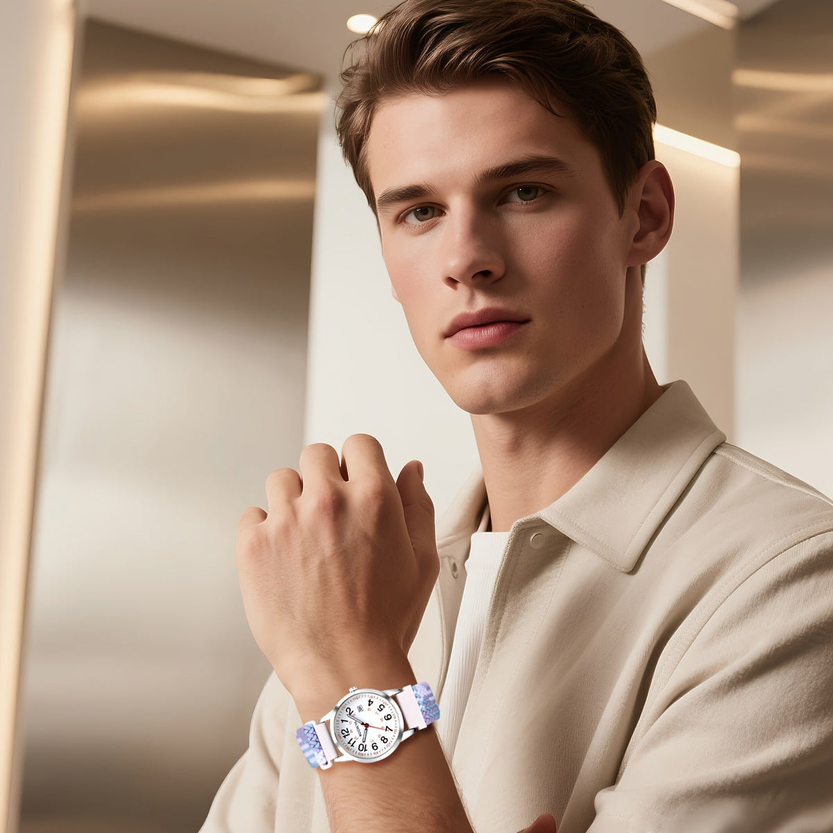 Montre de sport à quartz analogique avec grand cadran à calendrier et bracelet en nylon tressé – Montre-bracelet ronde à lecture facile avec cadran 24 heures pour hommes et femmes, bracelet élastique réglable et souple, 4 styles