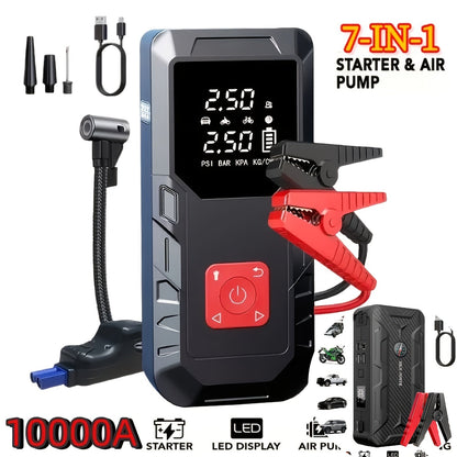 Démarreur de voiture 10000 A avec compresseur d'air 350 PSI, batterie de secours portable 9 en 1 avec lampe LED, charge rapide USB Type-C, gonfleur de pneus – Kit d'urgence pour voiture 12 V et cadeau