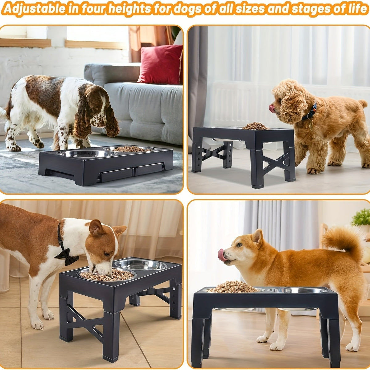 Support de gamelle réglable en hauteur avec gamelle anti-glouton et bol en acier inoxydable – Station de nourriture pliable à 5 niveaux pour chiens et chats de taille moyenne à grande, noir et rose