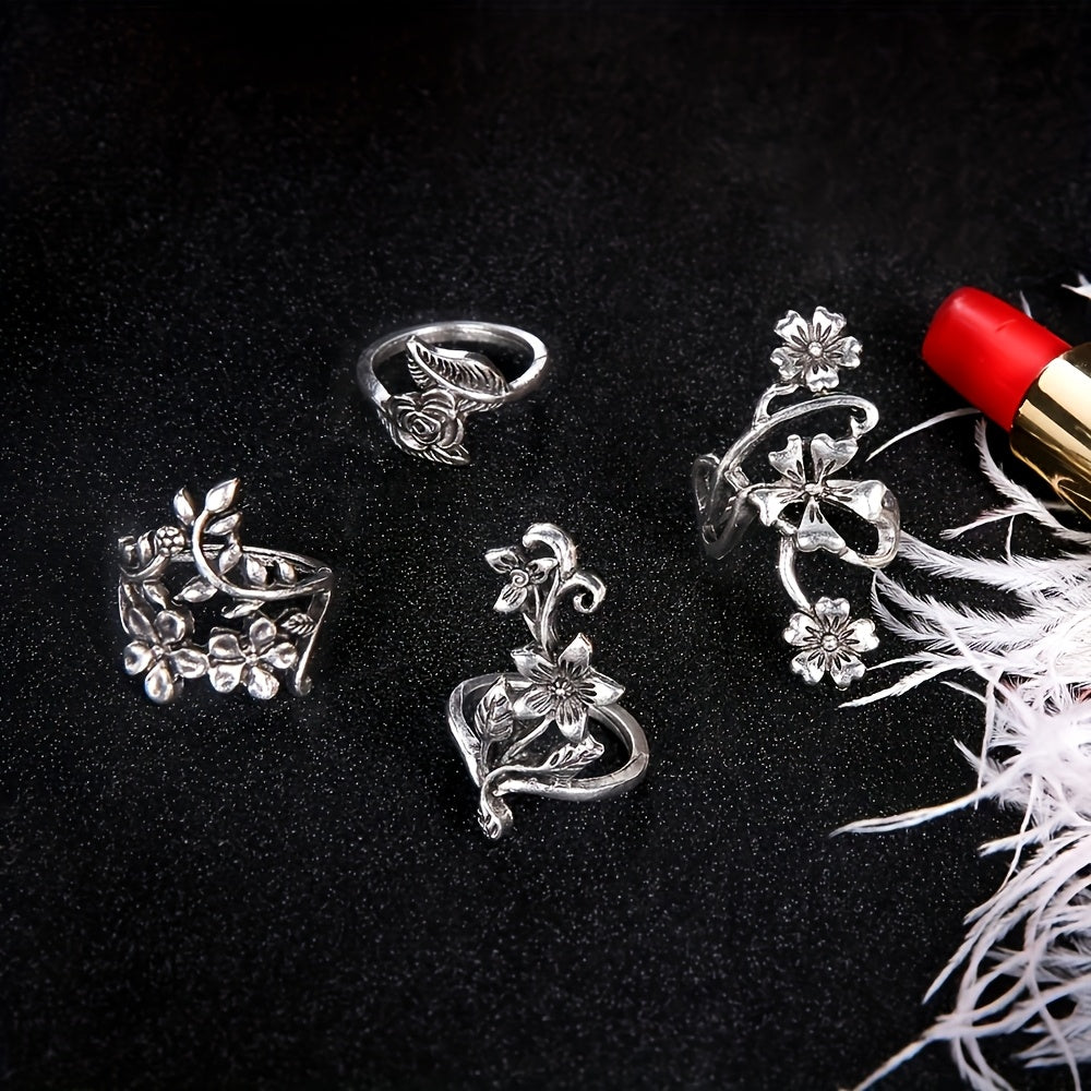 Ensemble de bagues empilables vintage à motif floral pour femme en argent sterling 925 – Lot de 4 bagues bohèmes, bijoux minimalistes élégants, cadeau idéal pour un anniversaire ou Noël