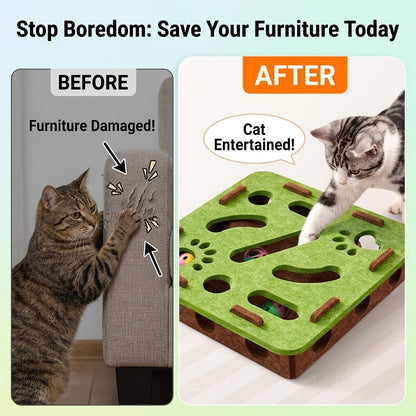 Plateau de jeu labyrinthe pour chat en feutre – Boîte de jeu éducative interactive de récupération de balles, montage sans outils, couvercle amovible pour un nettoyage facile, feutre épais anti-rayures, modèle amélioré, vert