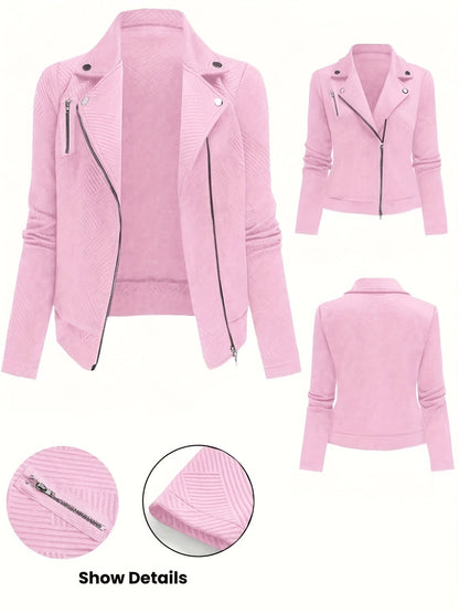 Veste de motard pour femme unie avec fermeture éclair et boutons à motif géométrique - Manteau de moto décontracté et élégant pour l'automne et l'hiver, idéal pour le quotidien ou un look streetwear