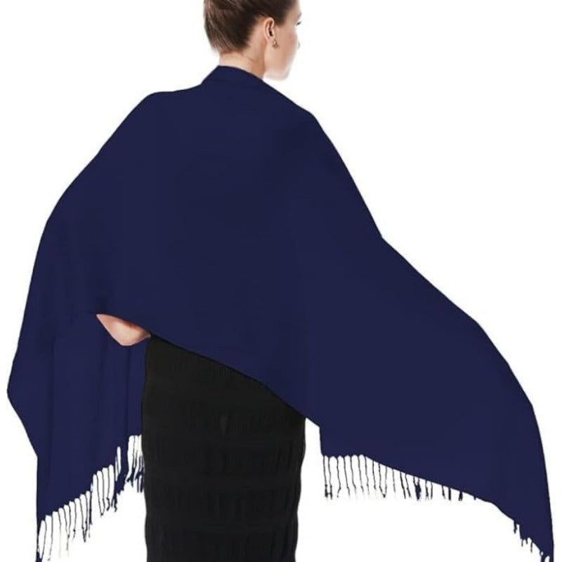 Châle pashmina doux et soyeux pour femme – Grande écharpe 70 x 200 cm avec extrémités à pompons, étole légère de couleur unie pour mariages, fêtes, hijab et usage quotidien, bleu marine et bleu sarcelle