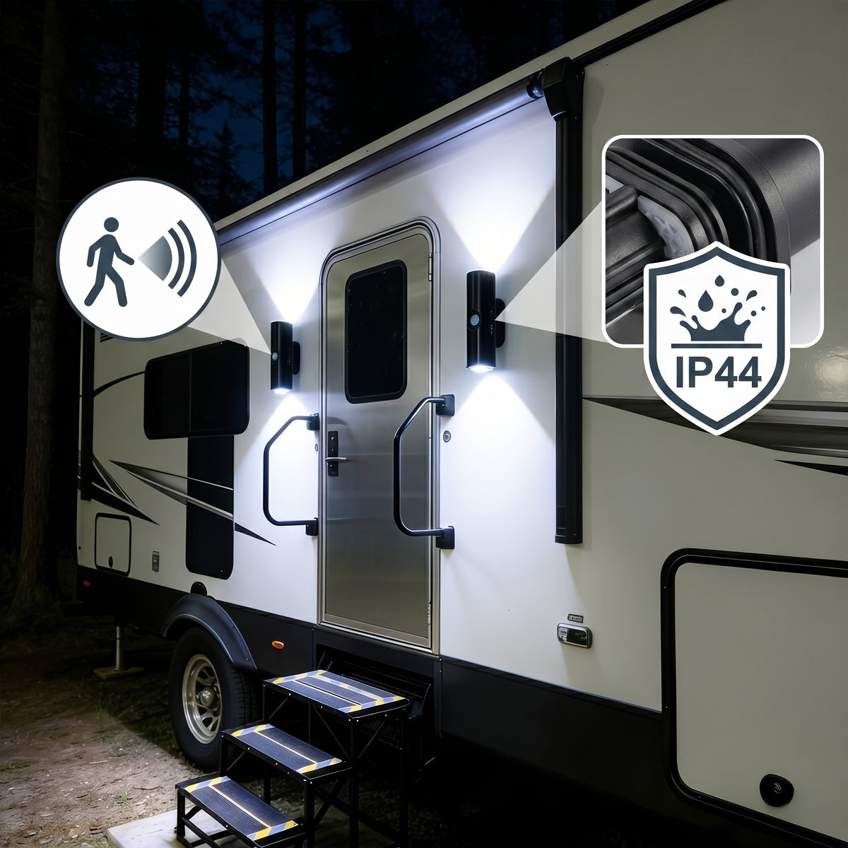 Lot de 4 appliques murales à détecteur de mouvement – Veilleuse LED magnétique, sans fil et rechargeable, double tête, 3 couleurs RVB, pour chambre, escalier, placard, armoire et intérieur de camping-car | Velora