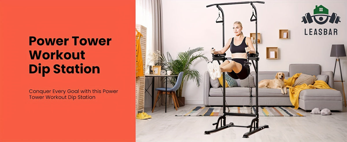 Station de musculation Power Tower avec barre de traction et poste à dips – Hauteur réglable 127-230 cm, capacité 150 kg, équipement de musculation multifonction pour hommes et femmes, bandes élastiques incluses