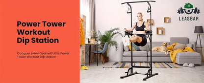 Station de musculation Power Tower avec barre de traction et poste à dips – Hauteur réglable 127-230 cm, capacité 150 kg, équipement de musculation multifonction pour hommes et femmes, bandes élastiques incluses