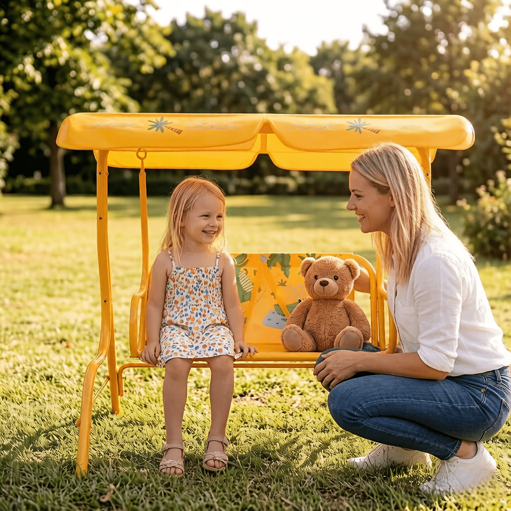 Balançoire de jardin pour enfants, 2 places, avec auvent réglable, ceintures de sécurité et structure en métal pour patio, cour, jardin ou balcon, 3 ans et plus, capacité de 82 kg