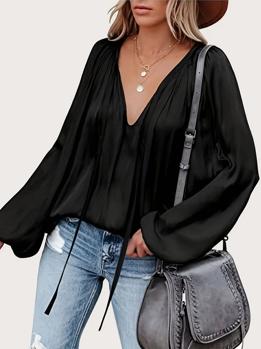 Chemisier à manches lanternes et col noué pour femme - Haut décontracté uni à manches longues, coupe ample froncée pour le printemps et l'automne | Vêtement confortable du quotidien S-XXL