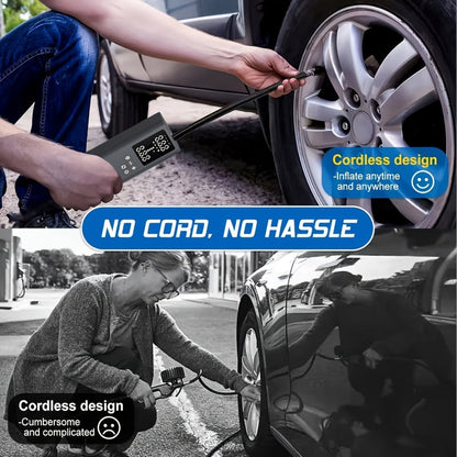 Compresseur d'air portable sans fil – Rechargeable par USB, affichage numérique, éclairage LED, adaptateurs multi-embouts, batterie au lithium, convient aux voitures, motos, vélos et ballons de sport