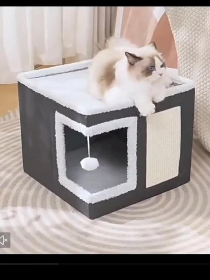 Maison à étages pour chat avec lit à 2 niveaux, tunnel de jeu, griffoir pliable et tapis douillet – Condo d'intérieur pour chat toutes saisons avec balle suspendue en peluche, cadre en nylon et toile, design pliable