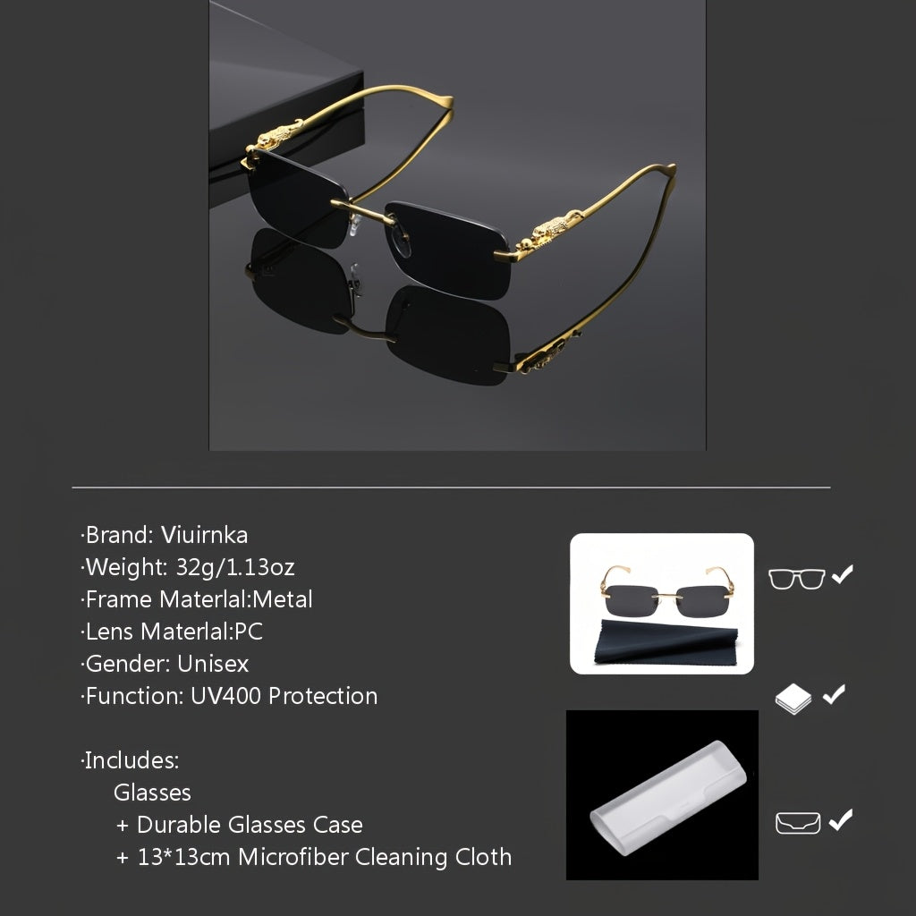 Lunettes de soleil carrées sans monture à motif léopard pour hommes et femmes – Monture dorée avec étui et chiffon de nettoyage, verres champagne blanc gris, lunettes unisexe tendance pour tenues décontractées, fêtes et accessoires photo
