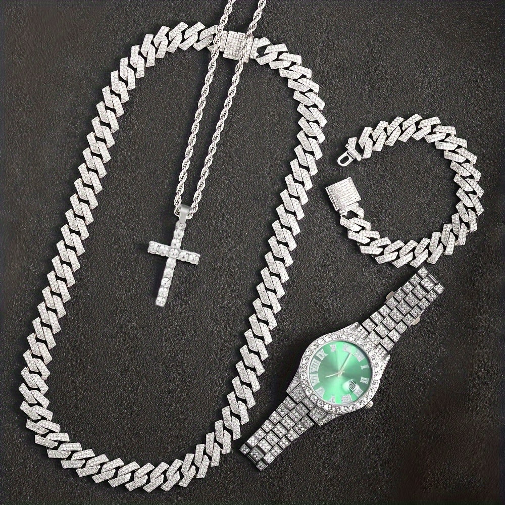 Parure de bijoux 4 pièces avec montre strass et pendentif croix, montre-bracelet analogique à quartz, collier, bracelet et boucles d'oreilles, cadeau unisexe pour lui ou elle, mariage