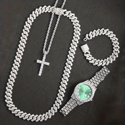 Parure de bijoux 4 pièces avec montre strass et pendentif croix, montre-bracelet analogique à quartz, collier, bracelet et boucles d'oreilles, cadeau unisexe pour lui ou elle, mariage
