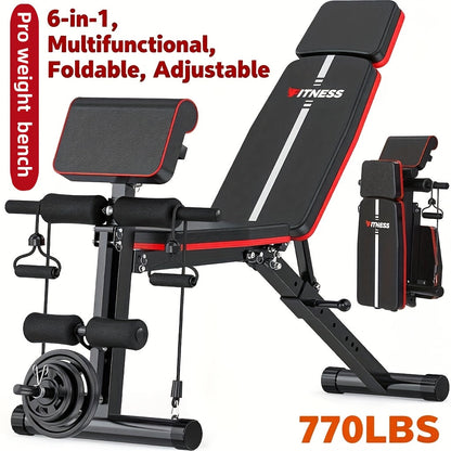 Foldable 6-in-1 Adjustable Weight Bench for Home Gym – 770 LBS Capacity, Flat Incline Decline, Resistance Bands, Preacher Curl Pad & Leg Developer, Full Body Strength Training Equipment
