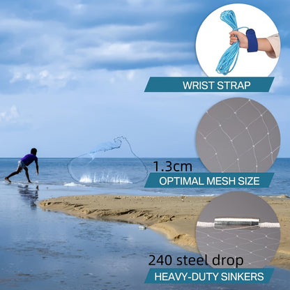 Épervier de pêche 8 pi/10 pi pour la capture d'appâts – Filet en monofilament de nylon robuste avec plombs en zinc haute résistance, conception à lancer facile pour la pêche américaine en eau douce et en mer, émerillon en acier 240/300