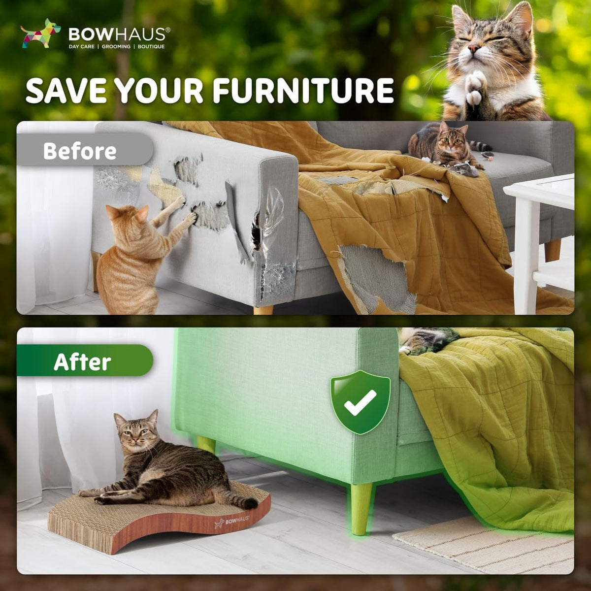 CAPHAUS Griffoir et transat réversible pour chat – Grand tapis à griffer en carton haute densité à 5 couches, 43 x 21,6 cm, protège les meubles, convient aux foyers avec plusieurs chats et aux races de grande taille
