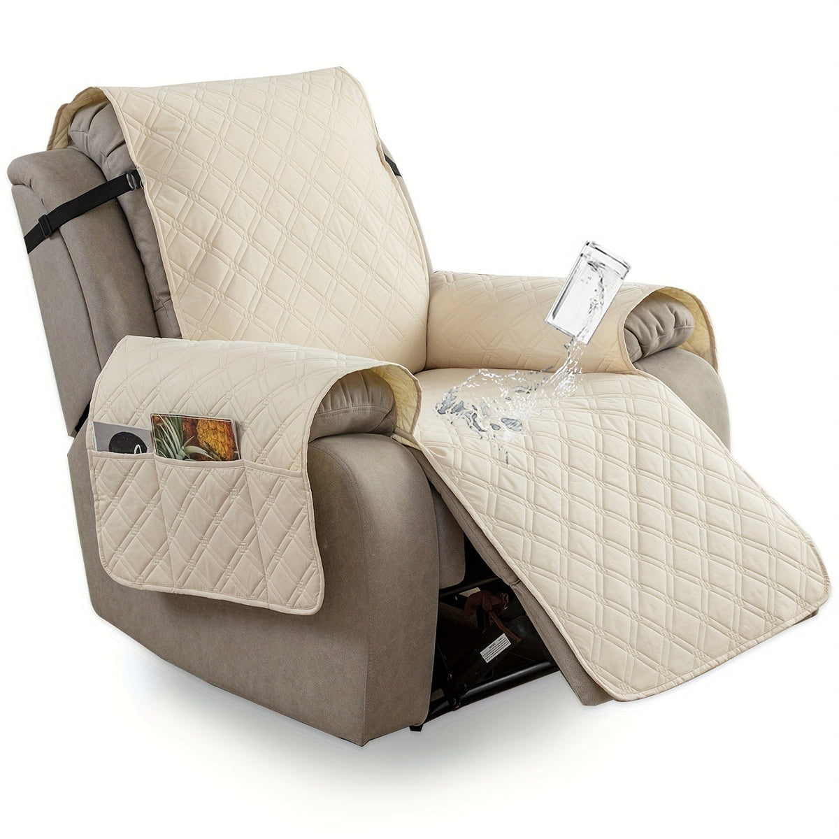 Housse de fauteuil inclinable imperméable avec poches latérales, sangles antidérapantes, tissu matelassé 4 couches, protection contre les animaux et les enfants, lavable en machine – 11 couleurs