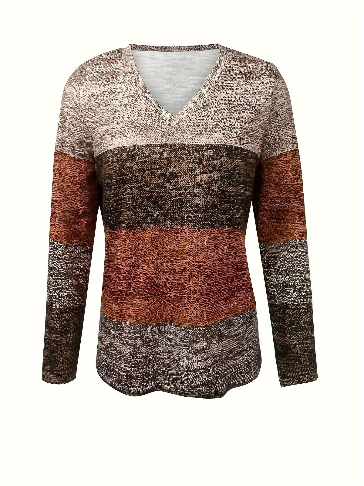 Haut à manches longues et col en V pour femme, chemisier décontracté à motif géométrique, printemps, été, automne, extensible, polyester et élasthanne, café, bleu paon, S M L XL XXL